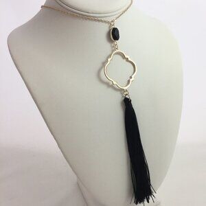Jewelry necklace tassel long black yellow gold tone elegant new